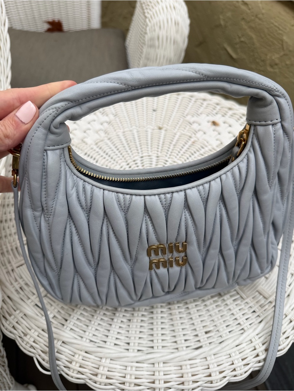 Miu Miu Padded Matelassé Shoulder Bag in Light Gray with Gold Hardware